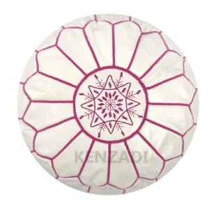 Moroccan leather pouf, round pouf, berber pouf, White with Pink embroidery by MyPoufs.com