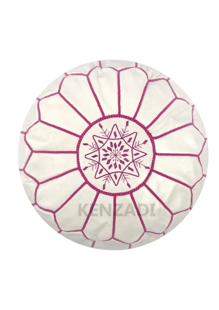 Moroccan leather pouf, round pouf, berber pouf, White with Pink embroidery by MyPoufs.com