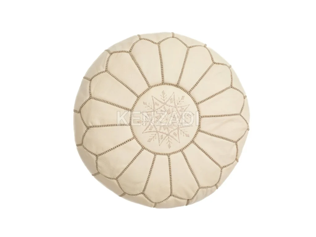 Moroccan leather pouf, round pouf, berber pouf, Creamy White with White embroidery by MyPoufs.com