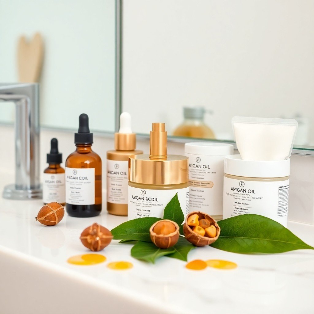 Argan oil-based skincare products on a bathroom counter