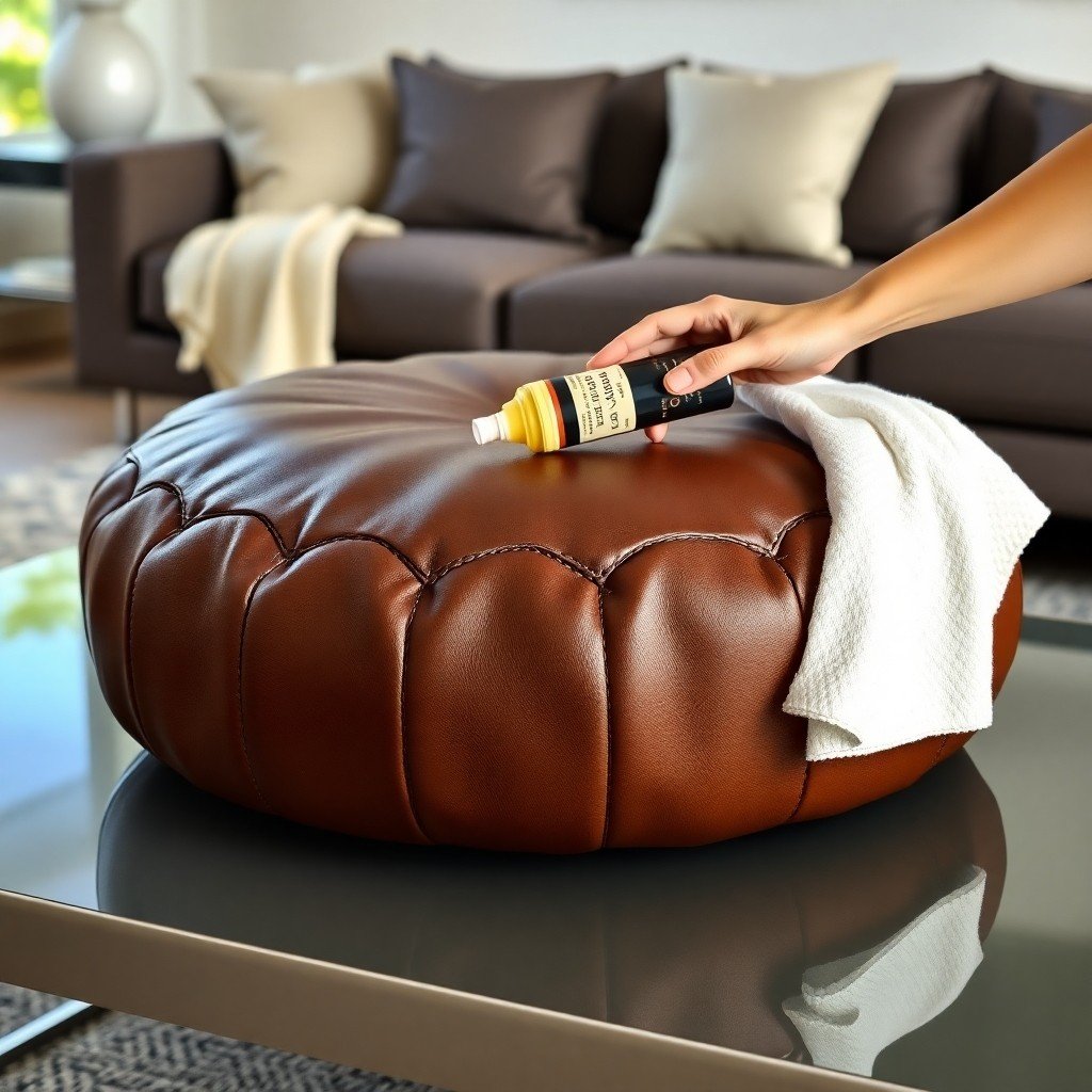 Leather pouf being conditioned with a leather care product on a modern coffee table