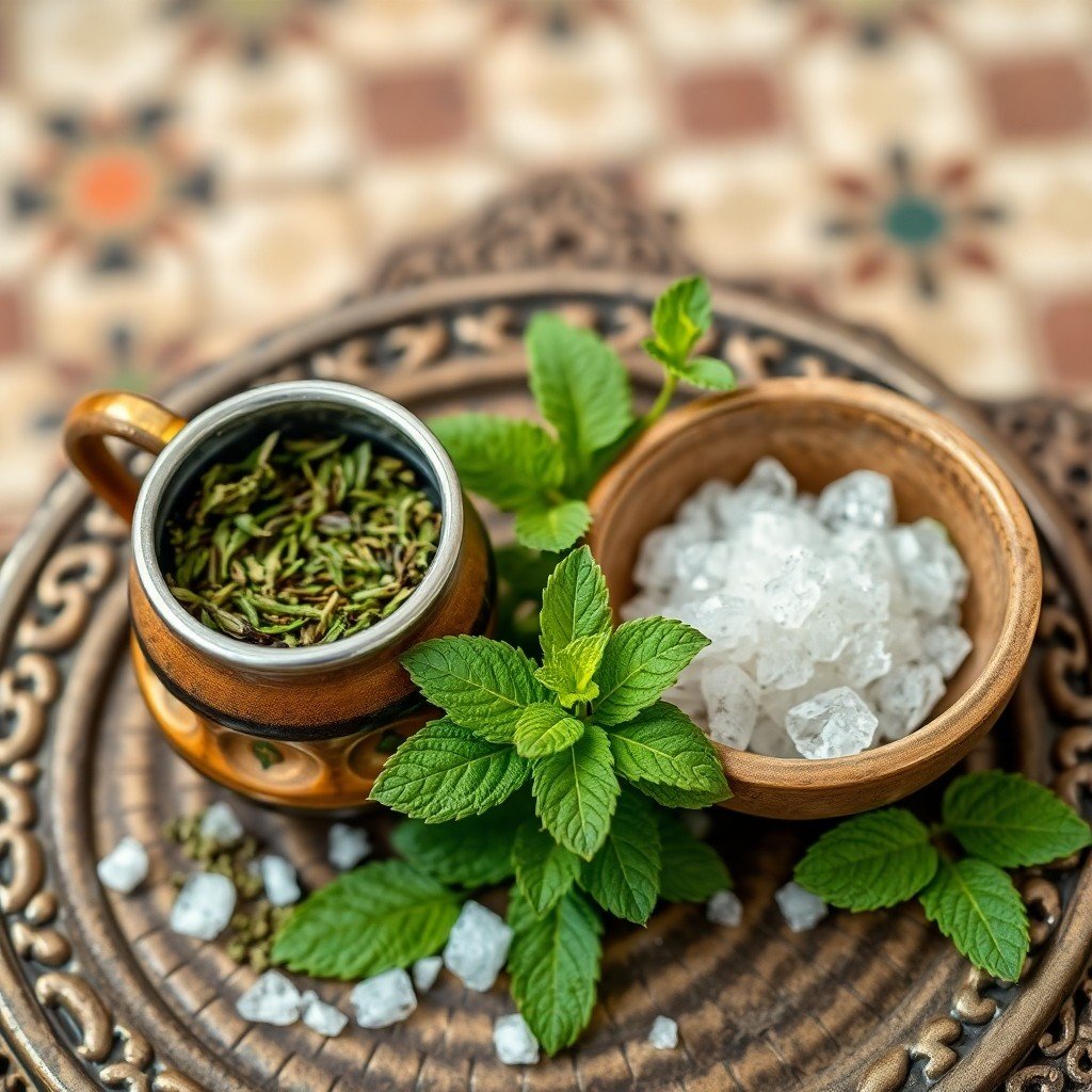 Close‑up of gunpowder green tea, spearmint leaves, and raw cane sugar on a Moroccan tea set