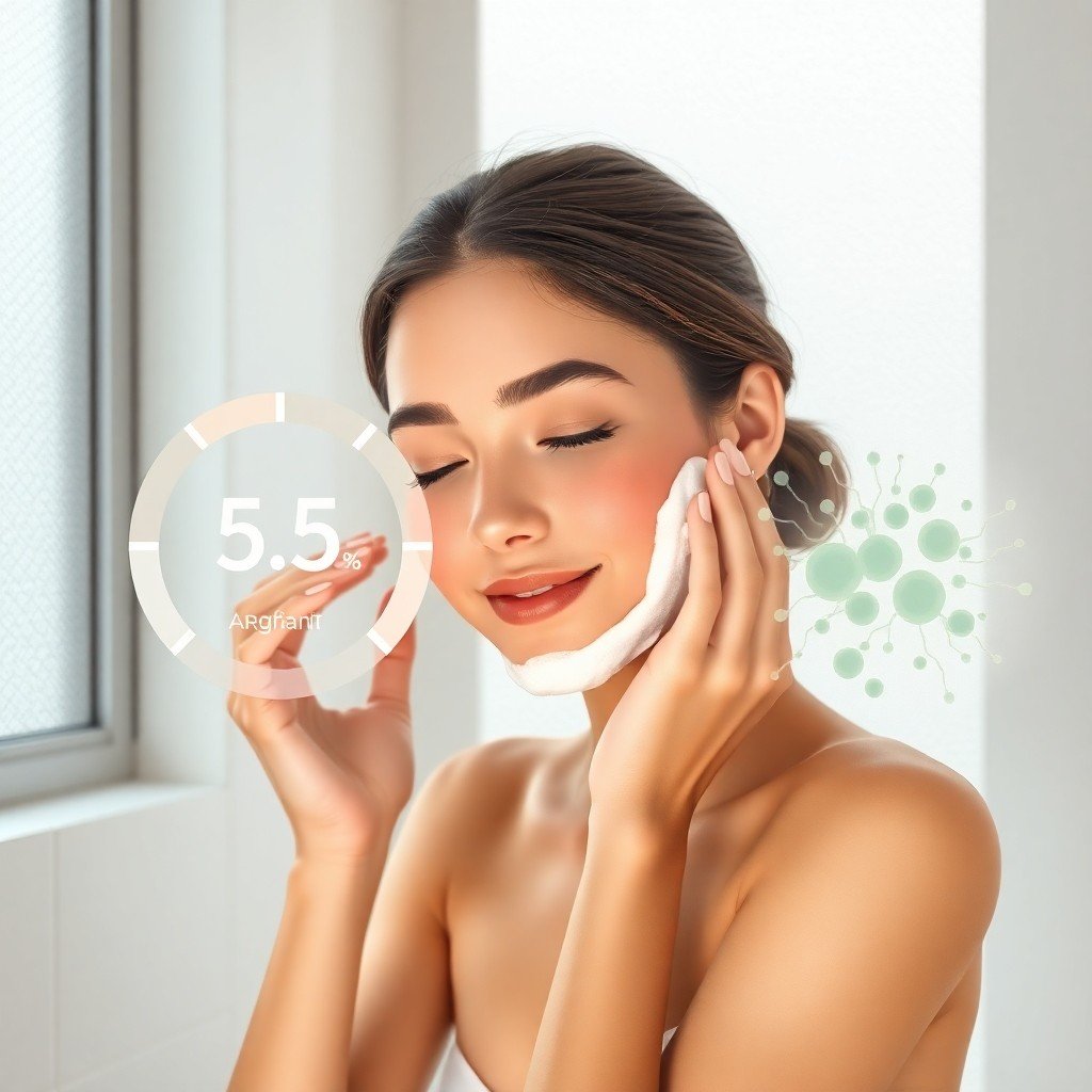 Woman lathering Arganit Black Soap in a modern bathroom, with a translucent overlay showing pH 5.5 and a stylized microbiome graphic highlighting beneficial bacteria