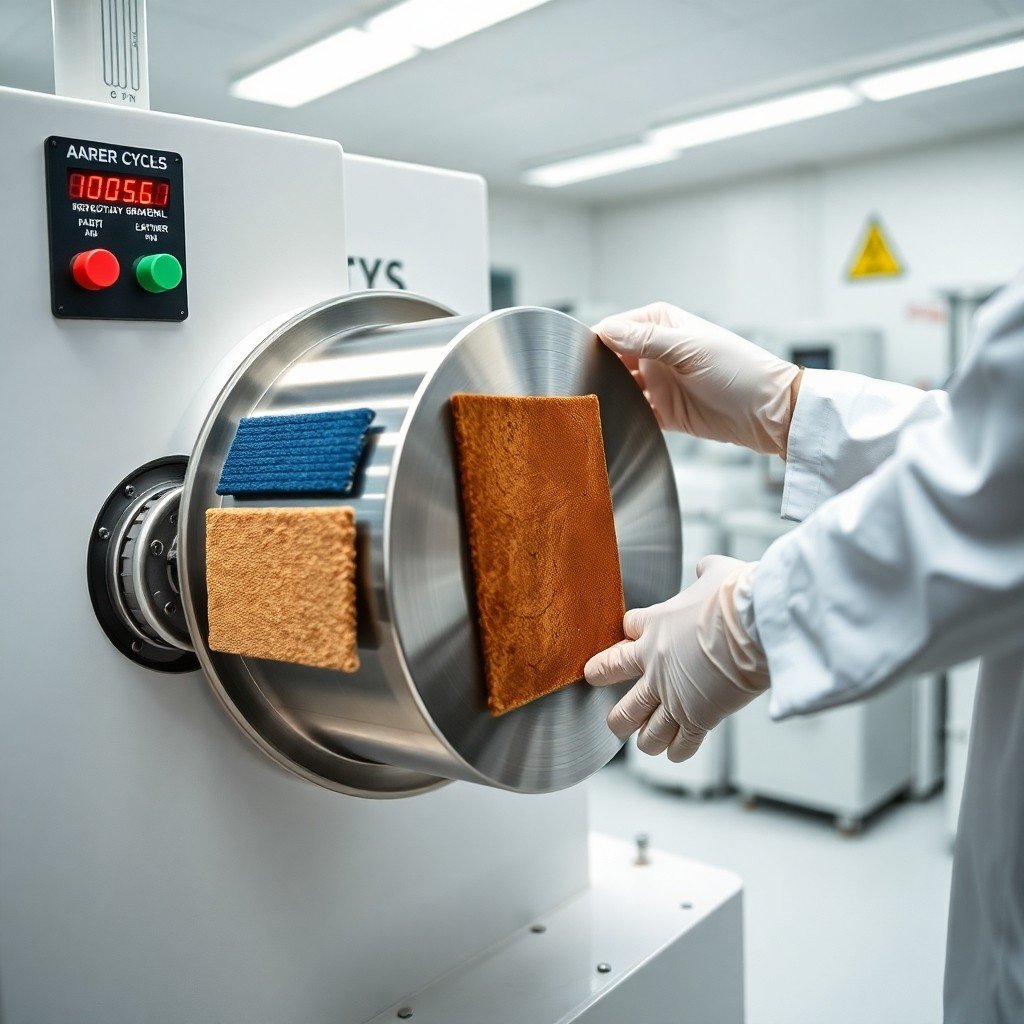 Lab test of pouf materials using Taber rotary abrader machine with technician