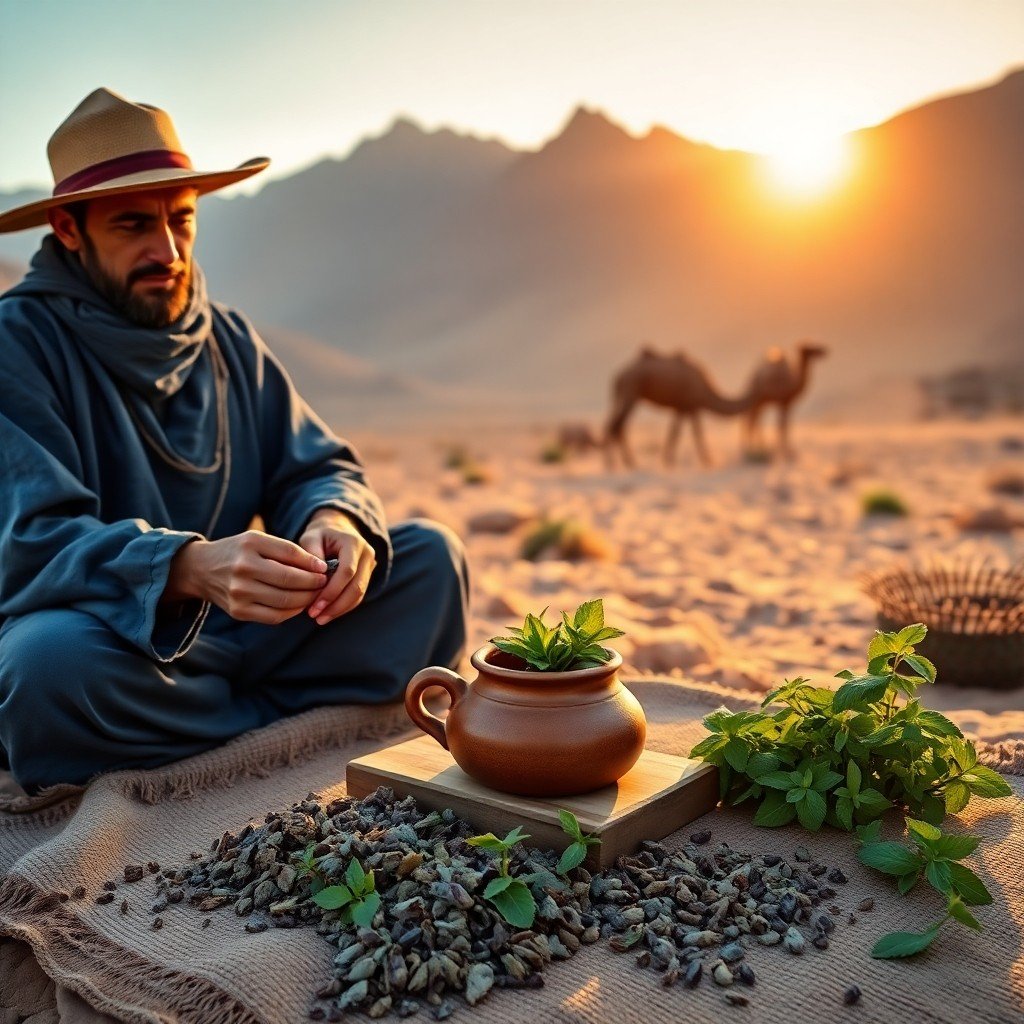 Berber nomad preparing Dahmiss tea in the Atlas Mountains with a camel caravan in the background