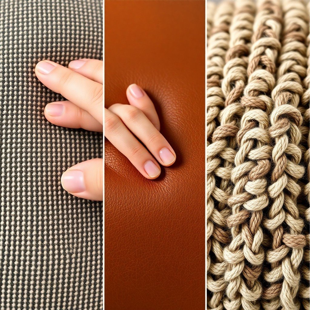 Close-up comparison of durable fabric, supple leather, and chunky knitted textures with hands touching, illustrating material quality and feel for pouf durability.