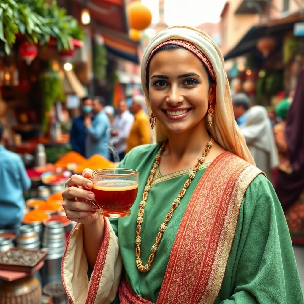 Person holding a cup of Moroccan dahmiss tea in a traditional market scene
