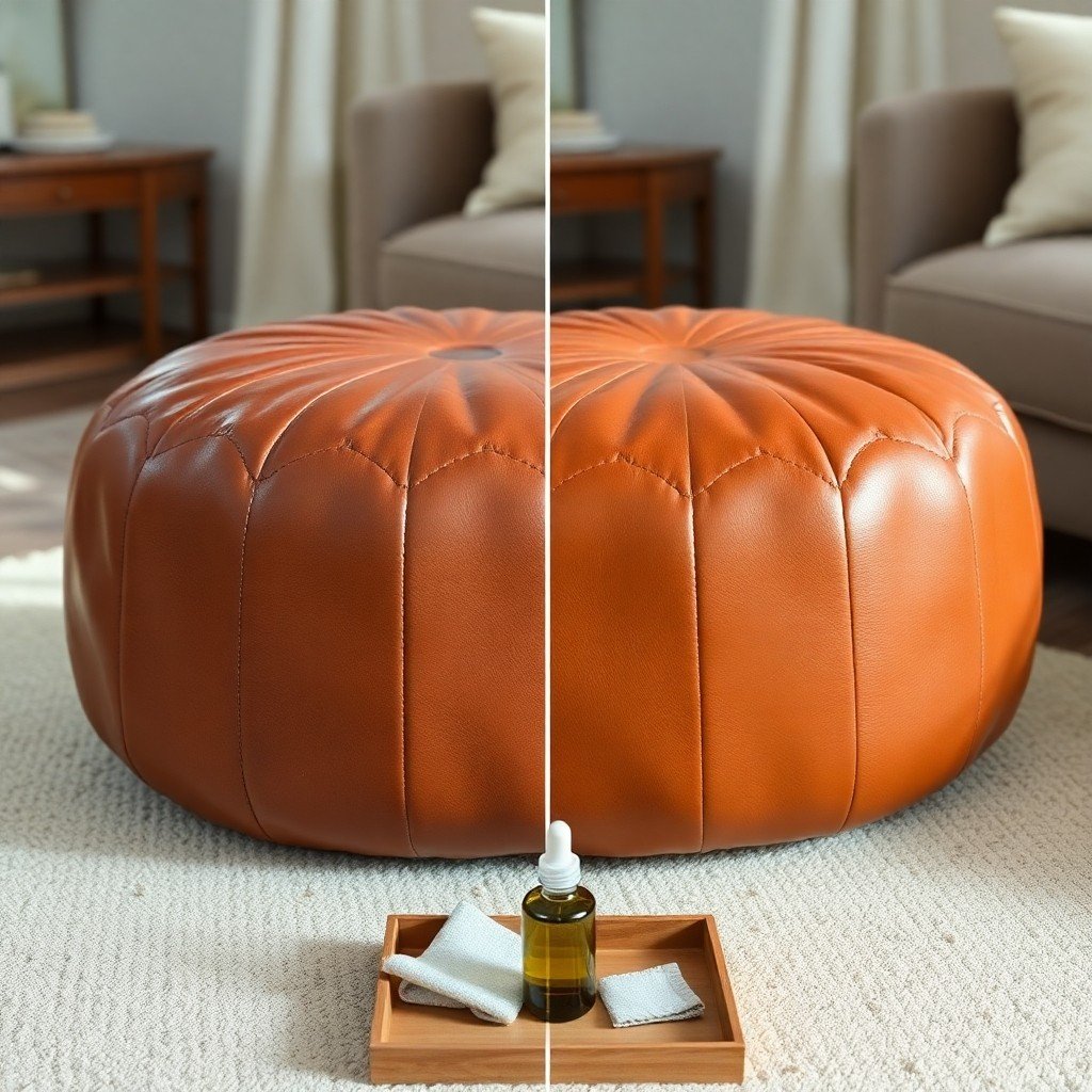 Before and after comparison of a leather pouf treated with Argan Oil for conditioning and restoration