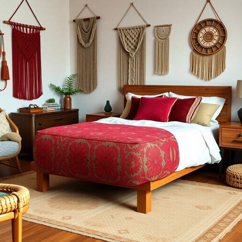 Boho bedroom with a vibrant patterned fabric pouf