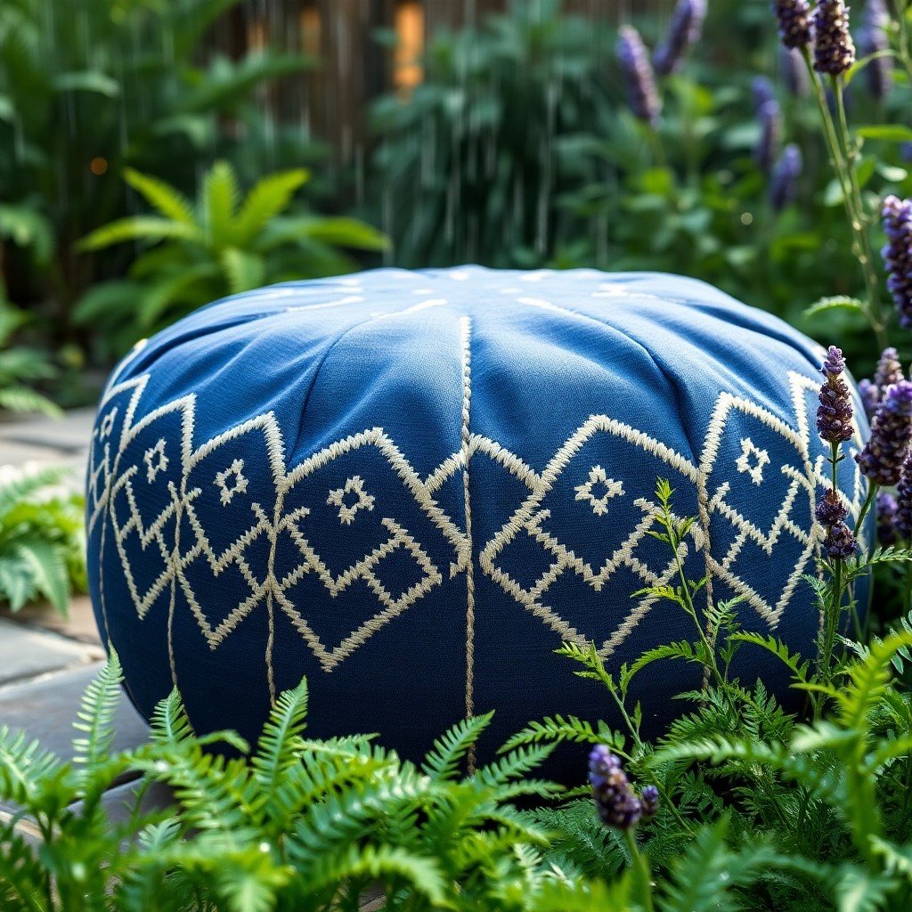 Close-up of a weather-resistant outdoor Moroccan pouf with hand-stitched embroidery on a garden patio