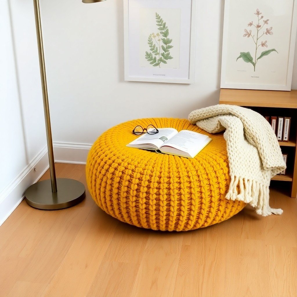 A round knitted pouf in mustard yellow used as a side table in a cozy reading nook