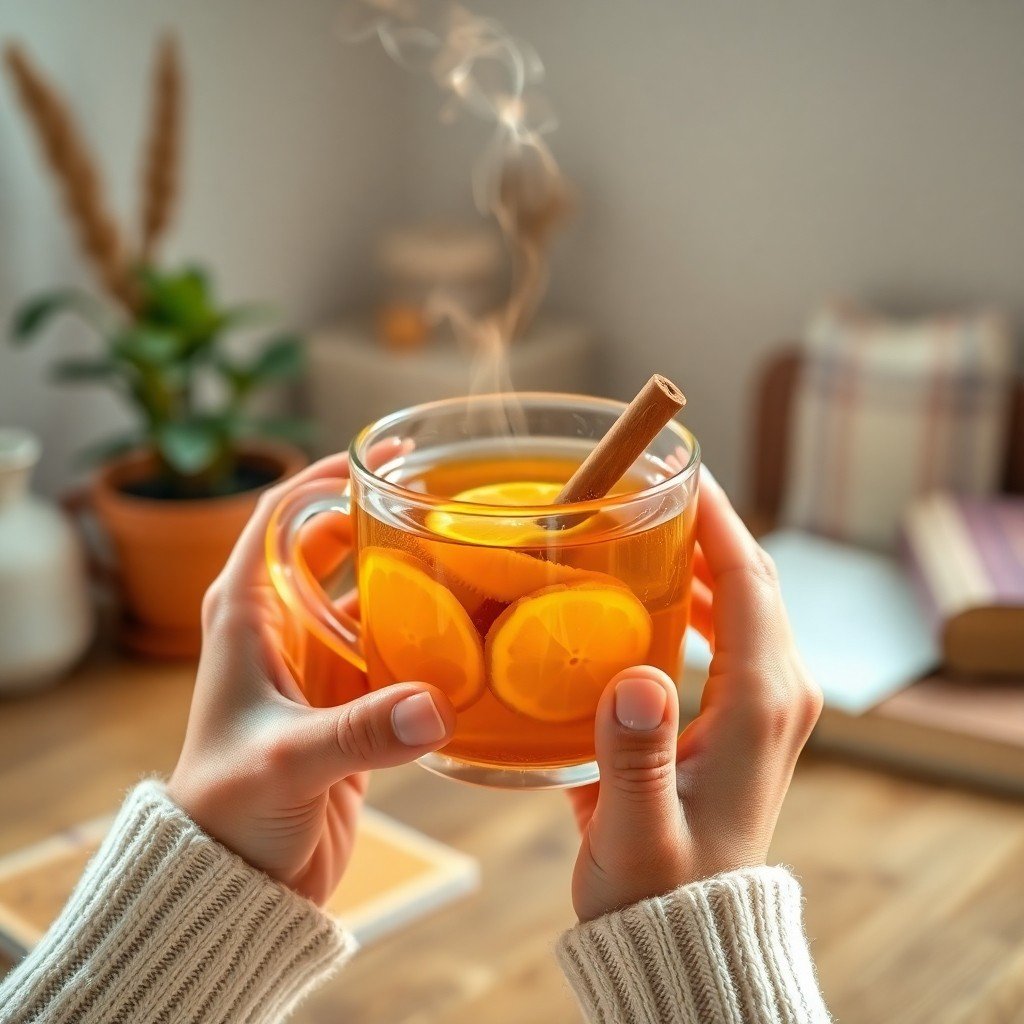 Close-up of hands holding a warm mug of ginger herbal tea with visible steam, conveying digestive comfort and wellness