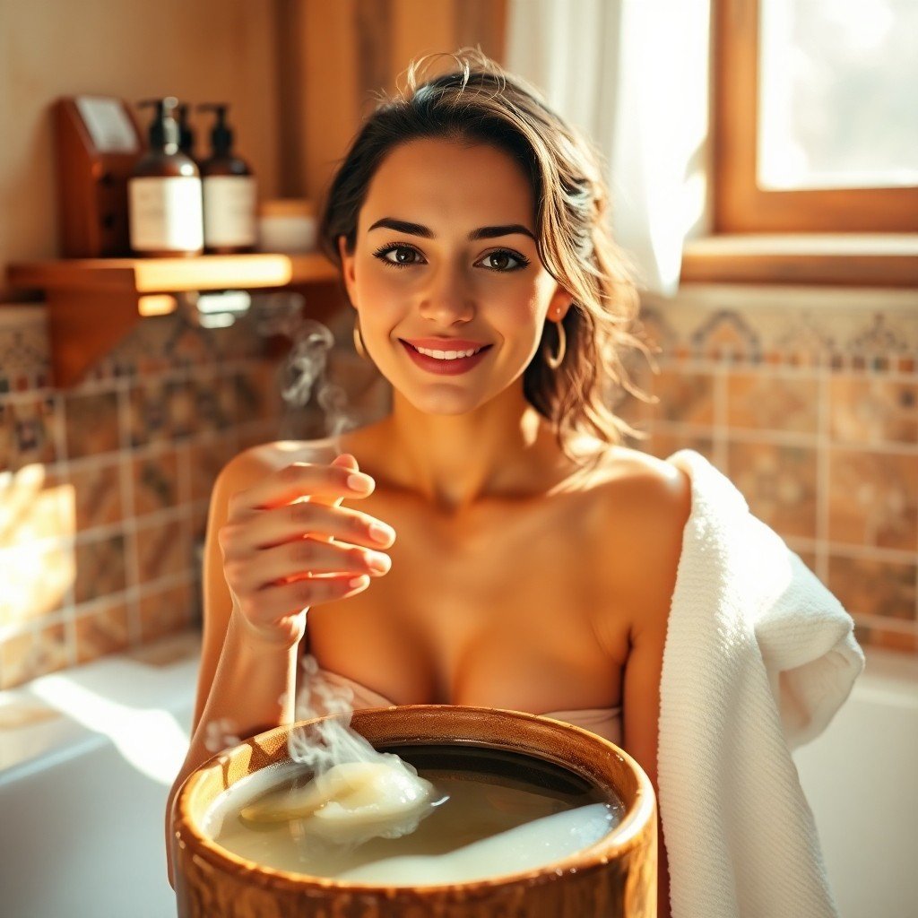 Woman applying golden argan oil to skin beside a bowl of black soap lather in a Moroccan-inspired bathroom setting