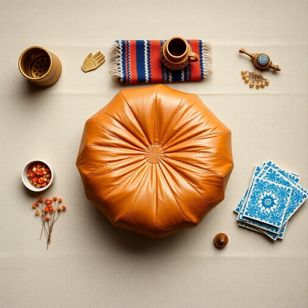 Moroccan home décor accessories flat lay including leather pouf, brass tea holder, ceramic tagine, kilim textile, and zellige tiles