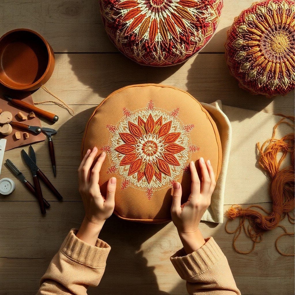 Artisan handcrafting Moroccan leather pouf with traditional embroidery techniques and tools