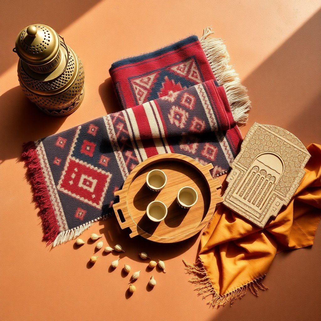 Flat-lay of authentic Moroccan interior design elements including hand-hammered brass lantern, Berber rugs, carved cedar tray, Andalusian plasterwork, and orange blossoms on terracotta tadelakt surface
