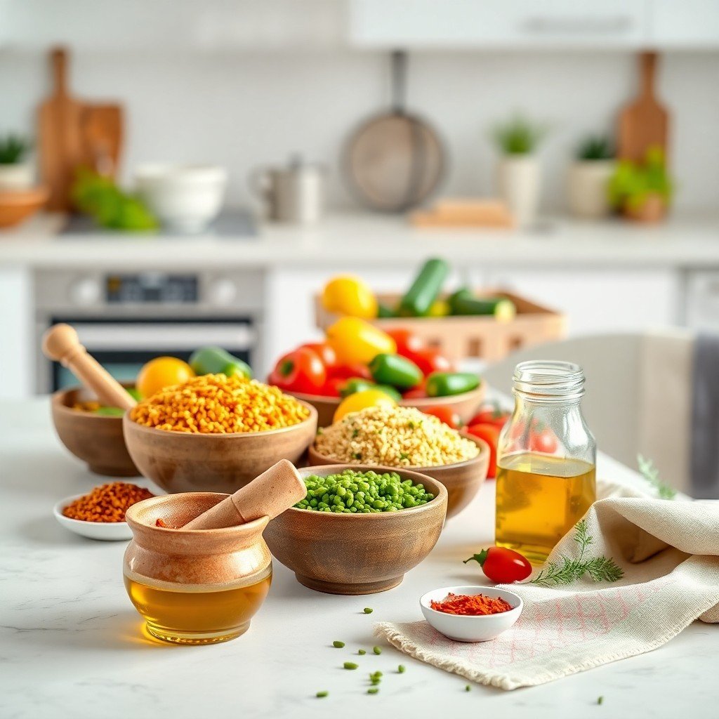 Healthy Moroccan cooking ingredients including lentils, quinoa, fresh vegetables, olive oil, and spices on modern kitchen counter