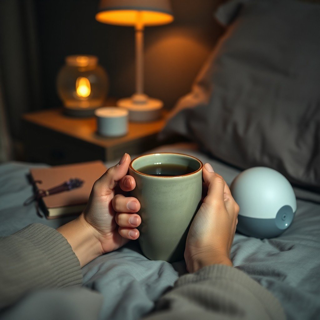Hands holding a warm mug of lavender herbal tea on a bedside table for better sleep