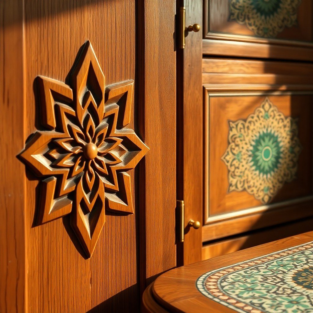 Close-up of Moroccan furniture craftsmanship with geometric wood carving and zellige tile inlay