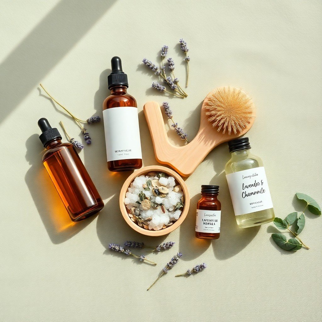 Flat-lay of best relaxation bodycare products including body oil, lotion, bath salts, dry brush, and essential oil blend with lavender and chamomile botanicals