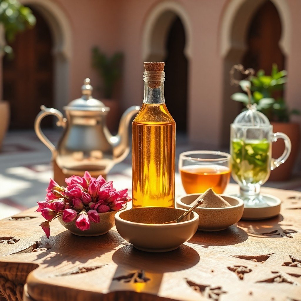 Moroccan wellness ingredients including argan oil, dried rosebuds, rhassoul clay, and a traditional glass of mint tea on a wooden table.