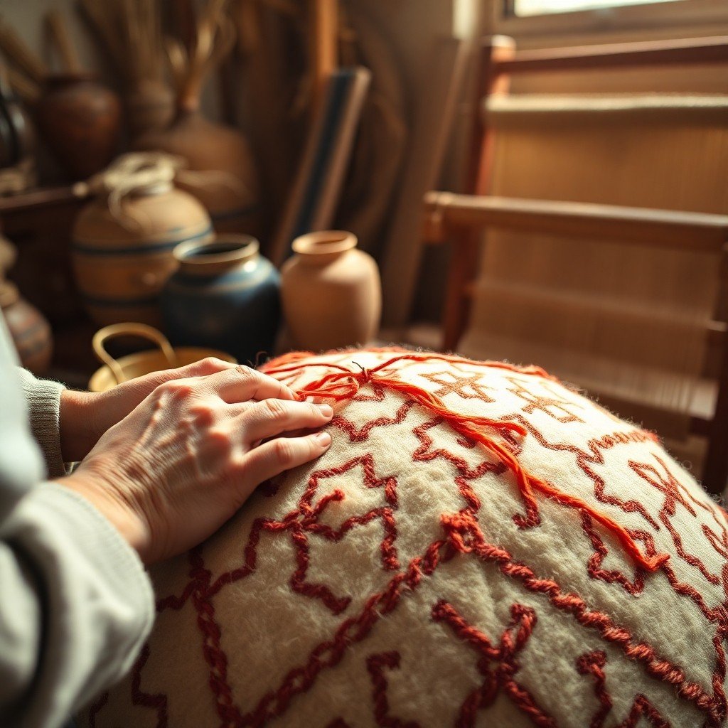Close‑up of a Berber artisan hand‑stitching a traditional Moroccan pouf with vibrant geometric patterns