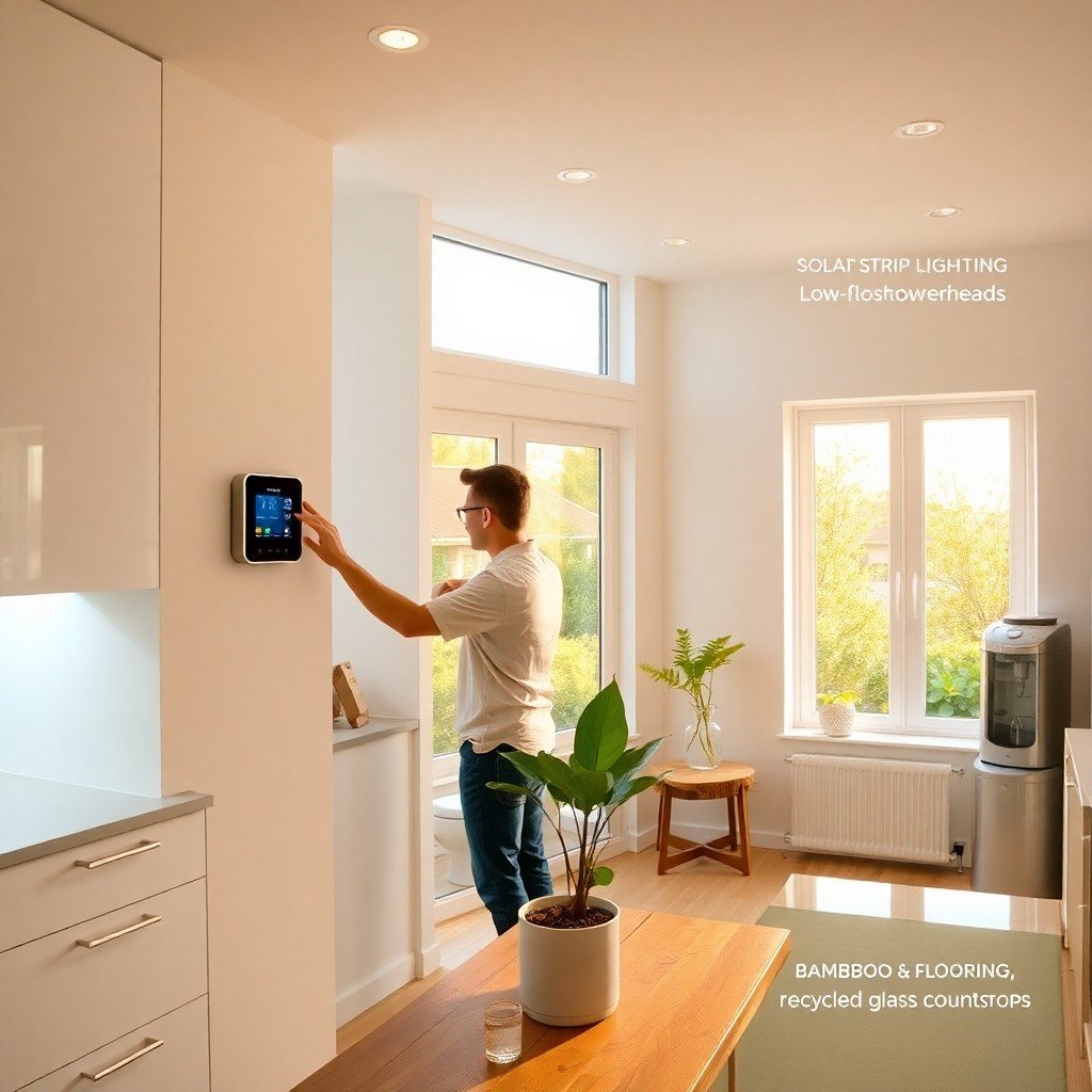 Energy-efficient home interior with smart thermostat, LED lighting, solar panels visible through window, and sustainable design elements