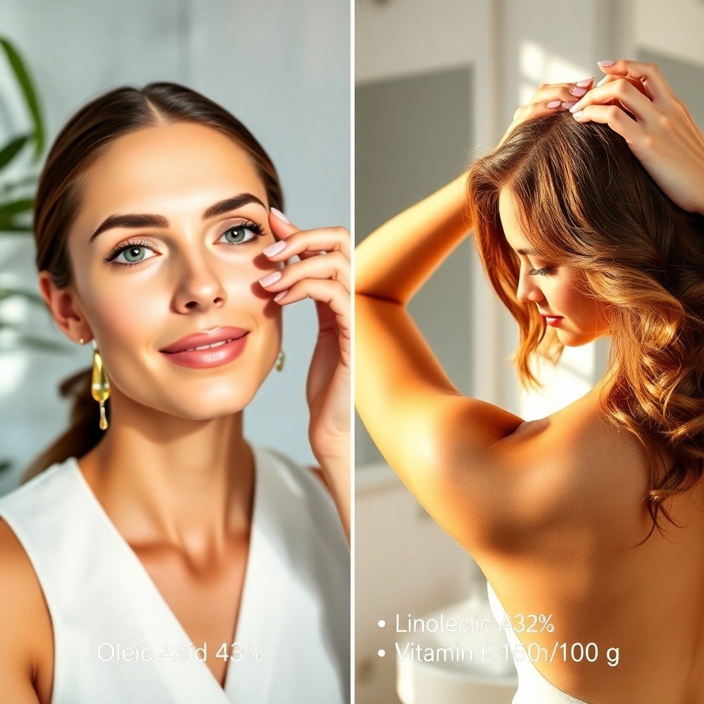 Split‑screen image of a woman applying pure Moroccan argan oil to her face and another woman applying it to her hair, highlighting skin hydration and hair shine benefits