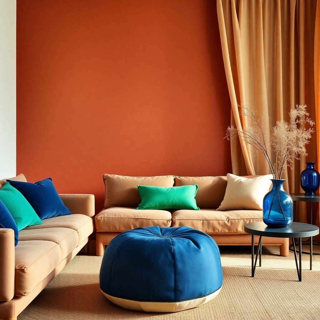 Moroccan living room corner with terracotta walls, indigo cushions, and a leather pouf showcasing earthy and jewel tones.
