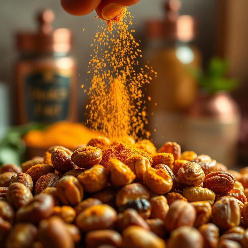 Close up view of seasoning healthy protein snacks with Moroccan spices like cumin and ras el hanout to boost stamina and metabolism.