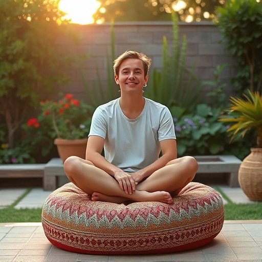 Person sitting cross‑legged on an outdoor Moroccan pouf in a garden at golden hour, illustrating ergonomic support and relaxed outdoor living