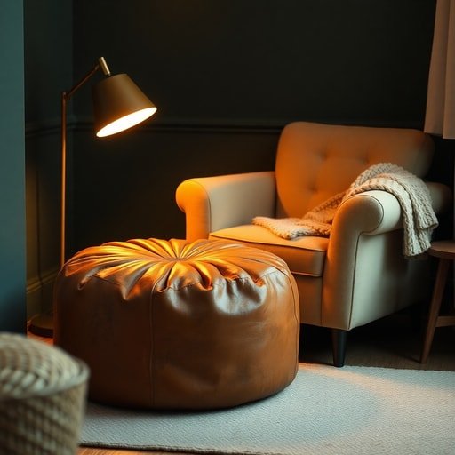 Tan leather pouf used as extra seating and footrest next to armchair in small apartment