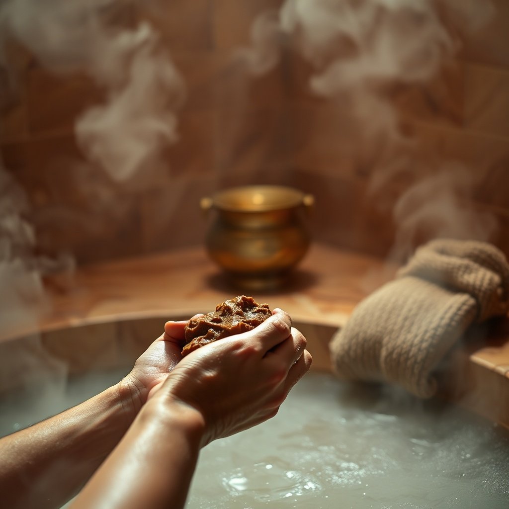 A person applying rich Beldi soap in a steamy traditional Hammam, illustrating Moroccan black soap benefits for deep pore cleansing and skin detoxification.