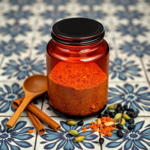 Dark glass jar of golden Moroccan spice blend on Moroccan tiles surrounded by whole cinnamon, turmeric, cardamom, and peppercorns
