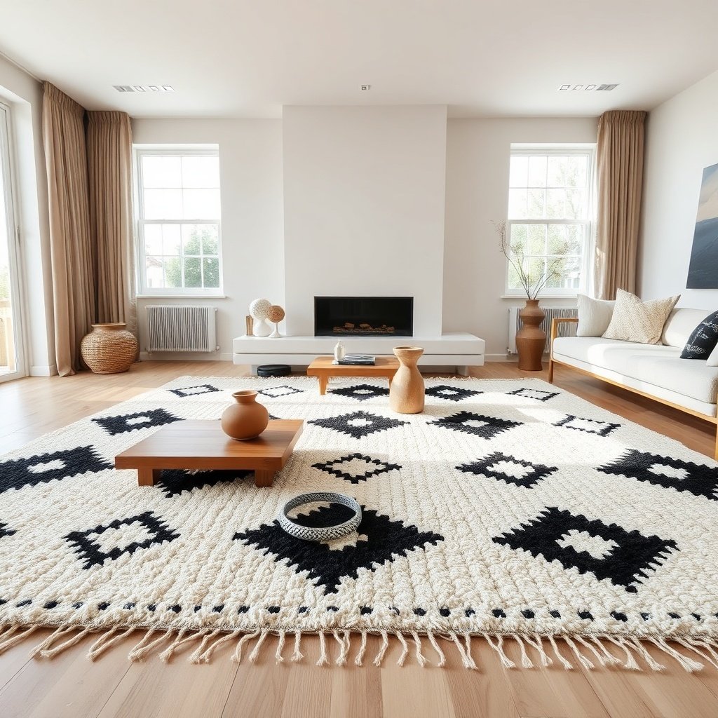 Contemporary interior design showcasing Unique Handmade Berber Crafts including a plush Beni Ouarain rug and silver jewelry pieces.