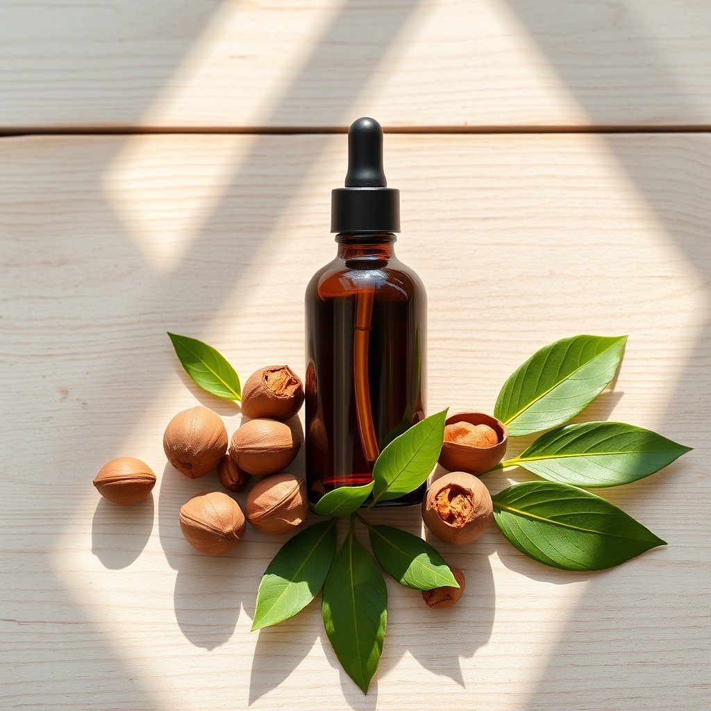A premium bottle of organic argan oil displayed with raw argan nuts and leaves, illustrating the natural source and top benefits of organic argan oil for skin care.