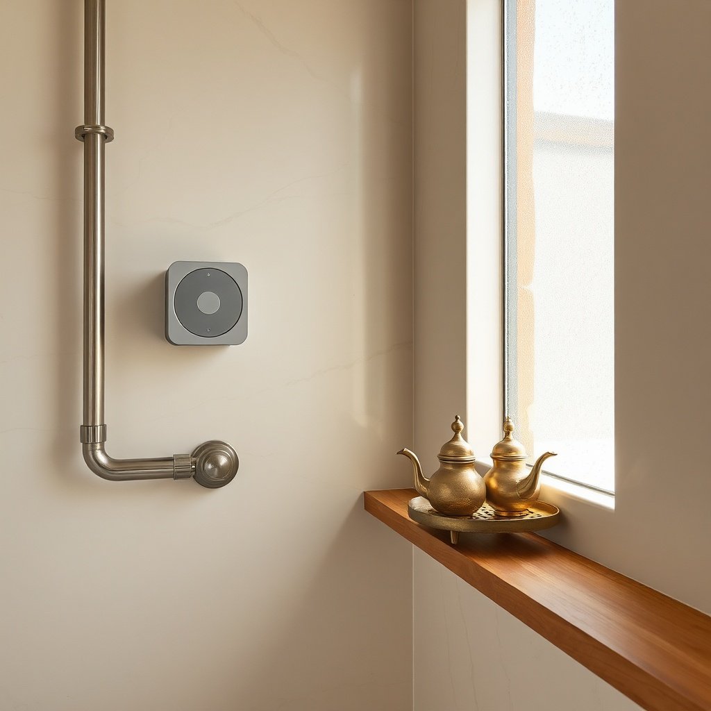 Detailed illustration of how to recreate a Moroccan hammam at home featuring tadelakt wall finish and a compact steam generator