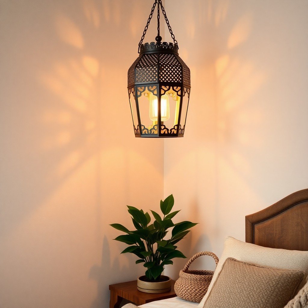 Boho Chic bedroom corner displaying Moroccan lantern lighting and handcrafted wooden furniture accents for a warm, inviting space.