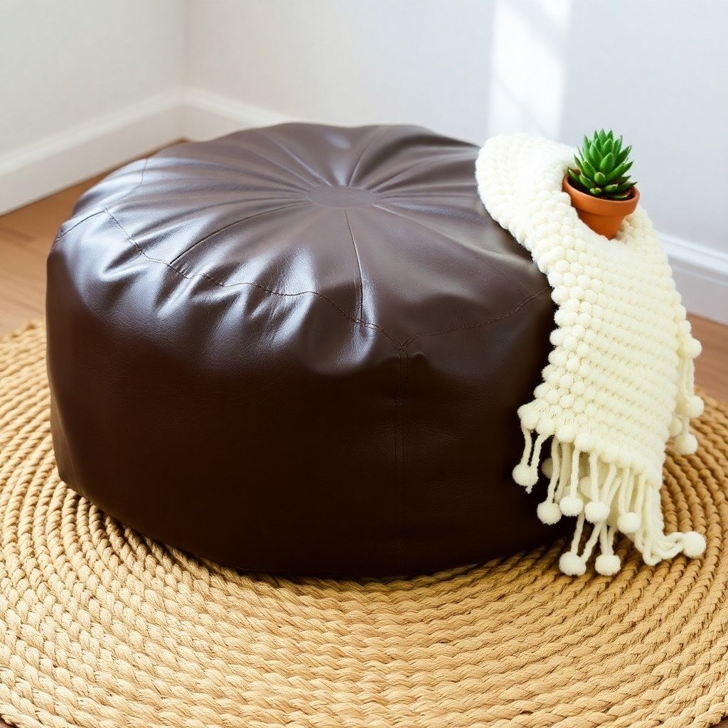 Close‑up of a leather pouf with natural jute rug and cotton pom‑pom blanket in a Boho Bedroom with Leather Poufs & Natural Textiles setting