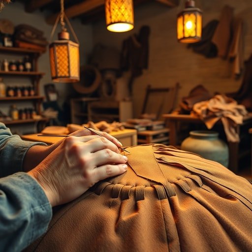 Moroccan artisans hand‑stitching a sustainable leather pouf in a workshop