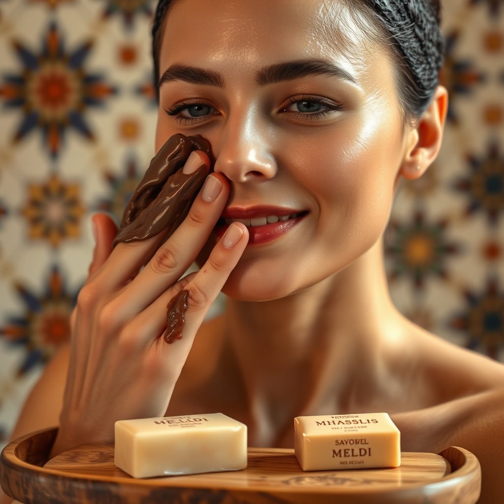 Glowing skin after a Moroccan Hammam ritual with Ghassoul clay and Savon Beldi, highlighting the rejuvenating benefits of authentic Moroccan bath traditions and wellness practices