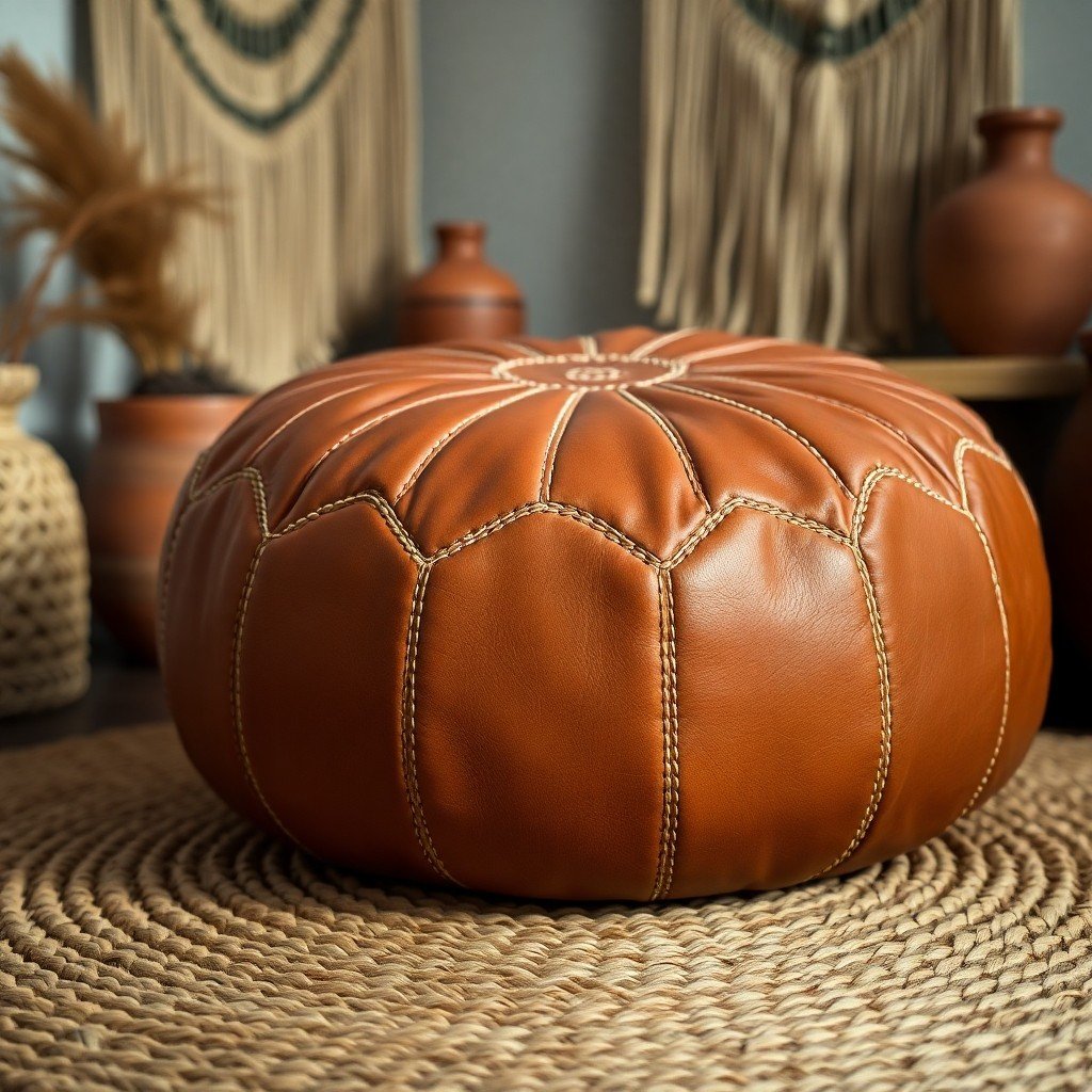 Selecting a genuine Moroccan leather pouf for your living home means appreciating the handcrafted details and durable leather. This detailed close-up highlights the stitching and leather texture that define authentic quality.