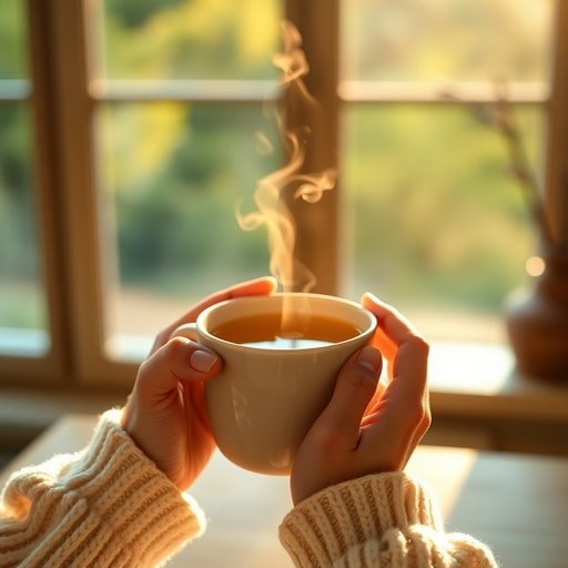 Person holding a steaming cup of herbal tea in a cozy sunlit room for morning wellness