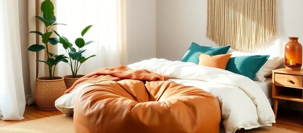 Boho Bedroom With Leather Poufs & Natural Textiles