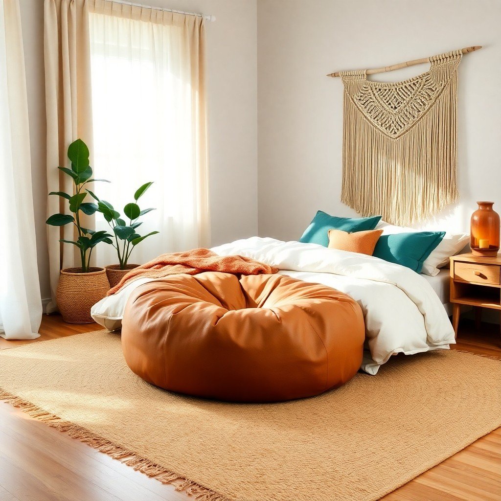 Boho Bedroom With Leather Poufs & Natural Textiles