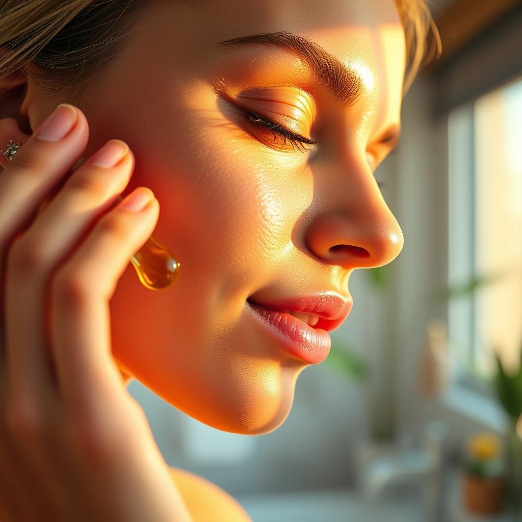 Close up of woman applying glowing facial oil during a skincare routine
