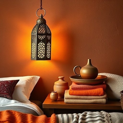 Detail of Moroccan lantern and woven textiles in a bohemian bedroom