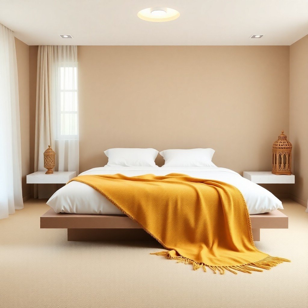 Guide on how to mix Moroccan furniture with minimalist aesthetics displayed in a bedroom with a Moroccan wooden lantern and neutral bedding