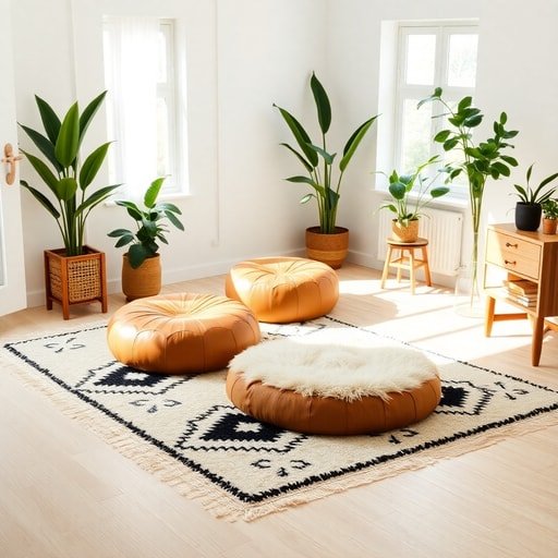 Modern living room with a white Beni Ouarain rug and a leather Moroccan pouf showcasing sustainable decor.