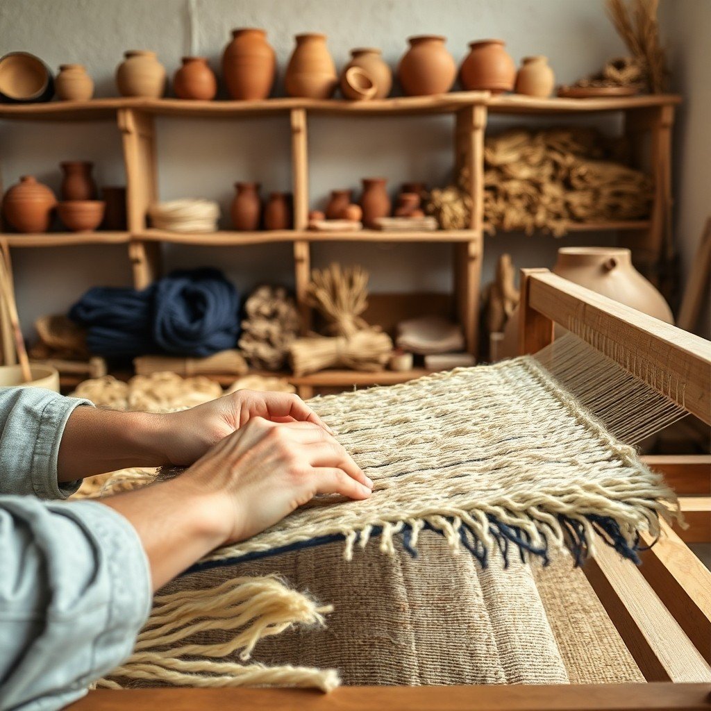 Eco‑Friendly Home Décor: Sustainable Materials in Moroccan Design featuring artisan weaving organic wool rug with natural fibers in a Moroccan workshop